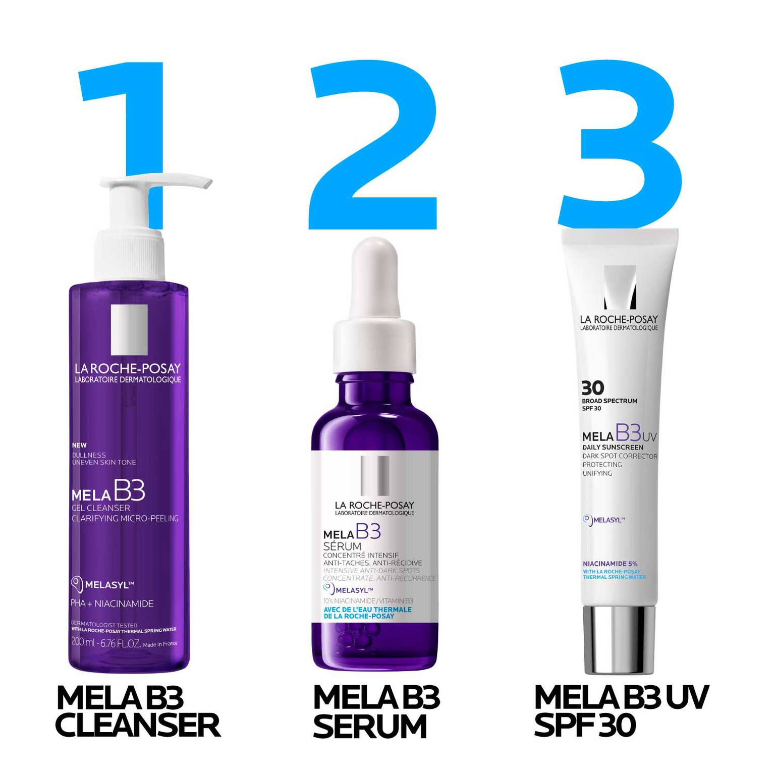 mela-b3-dark-spot-serum-with-melasyltm-niacinamide-i5 LaRochePosay-Product-MelaB3-MelaB3Cleanser-200ml-03337875890069-Routine_1500x1500_REV.jpg
